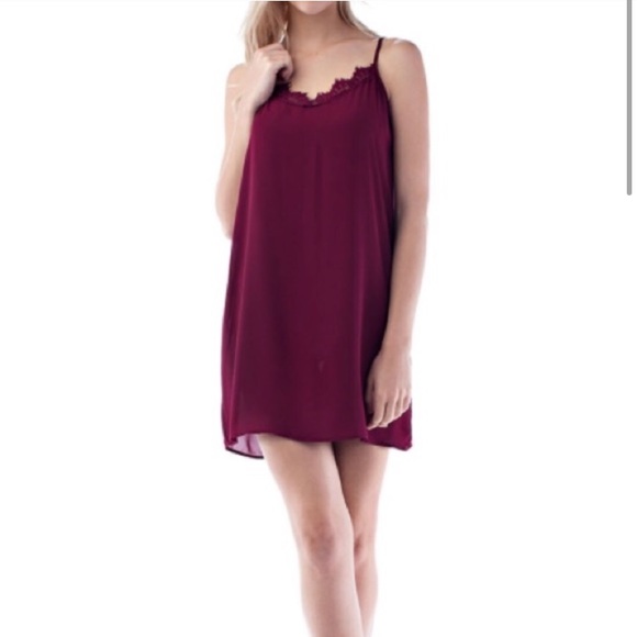 Burgundy Red Eyelash Lace Slip Mini Dress - Picture 2 of 4